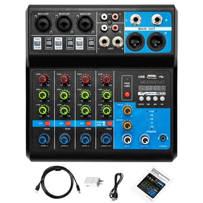 Professional Mini Audio DJ Mixer, 5 Channel Bluetooth Controller Sound Board Console System, USB Interface, 2 XLR Mic/Line, MP3 Player w/48V Phantom For Karaoke Stereo live Studio Streaming Recording