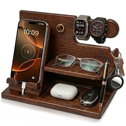 TESLYAR Wood Phone Docking Station for Men - Desk or Nightstand Organizer - Birthday Gifts for Husband, Dad - Anniversary Idea from Wife - Key Holder, Stand Wallet, Watch & Essentials (Bourbon Brown) | Mens Bedside Organiser with Key Holder, Wallet & Watc