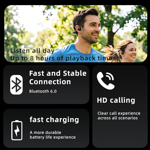 Sports bone conduction headphones, 6.0, wireless open-air headphones, with microphone, battery life up to 15 hours, IP68 waterproof rating, suitable for running and fitness exercises (black)