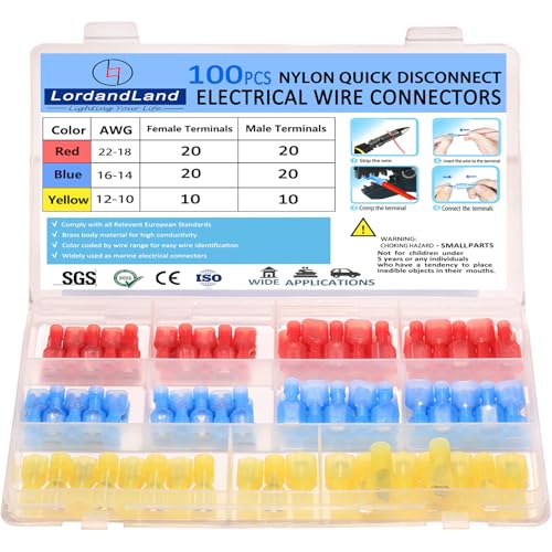 100PCS Nylon Spade Quick Disconnect Connectors Kit 22-10 AWG Male and Female Electrical Wire Connectors Kit Electrical Insulated Wire Crimp Cold-Pressed Terminals for Automotive,Electronics - size: Female&Male(100PCS)