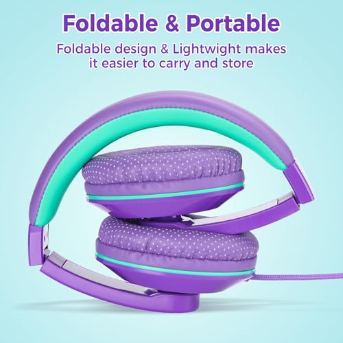 rockpapa Comfort+ Kids Headphones with Microphone, Boys Girls Student Over-Ear Headphones Wired Foldable for School Classroom Laptop PC Computer Tablet Purple Green - color: Purple/Teal