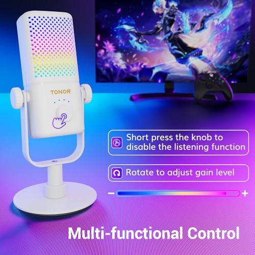 TONOR Gaming Microphone Compatible with Xbox, RGB Condenser Streaming Mic, Low Noise, Gain Control, One Tap Mute, Compatible with Capture Card, 200 cm/78inch Cable, Desktop Stand, White, TCX3 - color: White, style: Microphone