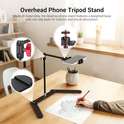 NEEWER Overhead Phone Tripod Stand with Dual Ball Head Articulating Boom Arm, Shock Absorbent Desk Phone Holder Clamp Mount with Foldable Base for Piano Cooking Drawing Sketching Live Streaming, DS026