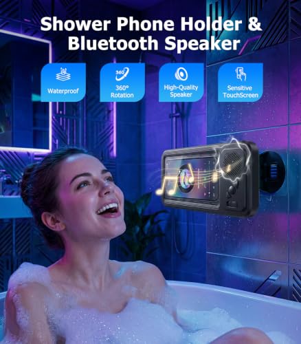 Shower Phone Holder with Bluetooth Speaker IPX6 Waterproof | 6-12H Playtime High-Sensitivity Touchscreen Rich Bass Sound Quality No-Drilling 360° Wall Mount for Bathroom Bathtub Kitchen - color: Charcoal gray
