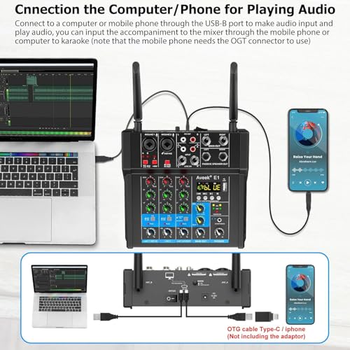 Aveek 150W x2 Powered Amplifier Audio Mixer, 4 Channel with 2 Wireless Mics