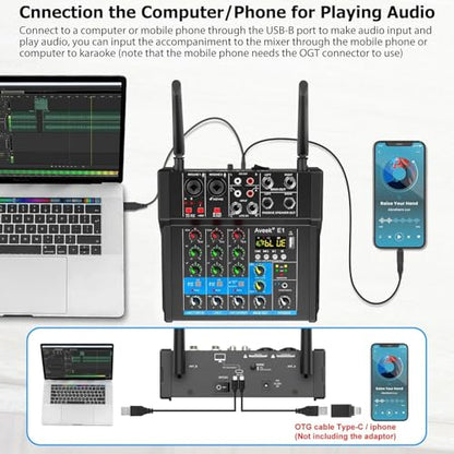 Aveek 150W x2 Powered Amplifier Audio Mixer, 4 Channel with 2 Wireless Mics