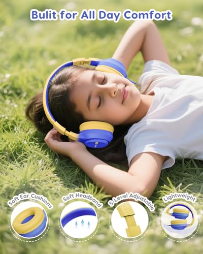 awatrue Kids Headphones for School, 74‑85‑94dB, 3.5mm Jack, HK07 | Foldable Wired Over Ear Headphones, for Toddler School/Travel/iPad/Tablet, Blue-Yellow - color: Blue Yellow