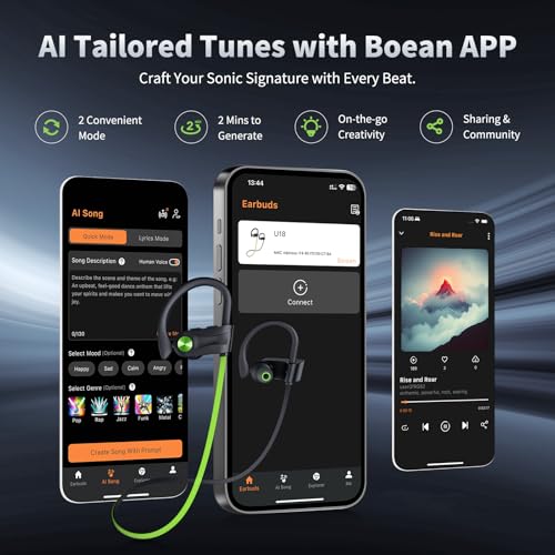 JOYWISE Bluetooth Headphones, Wireless Earbuds IPX7 Waterproof for Gym | Bluetooth 5.3 Headphones with 16Hrs Playtime Stereo Bass Headsets with Mic Running Headsets with Earhooks for Sports Running - color: Green