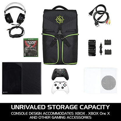 ENHANCE Xbox Backpack - Xbox Carrying Case Compatible with Series S, One X, One S - Storage Compartments for Controllers, Gaming Headset, Games & More Gaming Accessories - Green