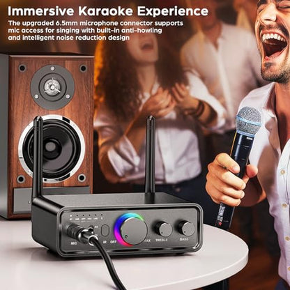 Bluetooth 5.3 Transmitter Receiver 2-in-1 Wireless Audio Adapter with Remote 6.5mm Mic Connection AUX RCA Coaxial Optical USB Input Bluetooth Audio Receiver for TV/PC/Headphone/KTV/Home Stereo