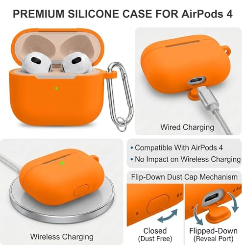 for Airpods 4th Case Cover, Come with Cleaner Kit,Soft Skin Silicone Case Cover with Keychain, Front LED Visibl, Full Protective Case，Compatible with AirPods 4th(Orange) - color: A8-Orange