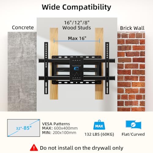 HOME VISION Full Motion TV Mount with Soundbar Bracket, 32-85" TVs, 132 lbs | ±65° Swivel & Tilt, Dual Articulating Arms, Soundbar Moves with TV, Fits 8"/12"/16" Studs,VESA 600x400 - size: 32-85" FM w/5745