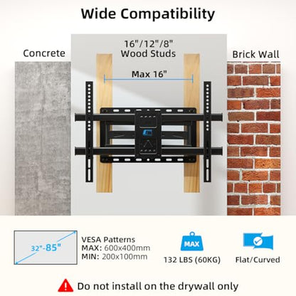 HOME VISION Full Motion TV Mount with Soundbar Bracket, 32-85" TVs, 132 lbs | ±65° Swivel & Tilt, Dual Articulating Arms, Soundbar Moves with TV, Fits 8"/12"/16" Studs,VESA 600x400 - size: 32-85" FM w/5745