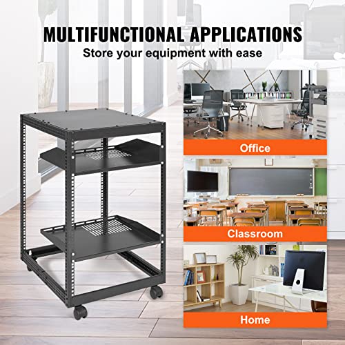 VEVOR 15U Open Frame Server Rack, 23''-40'' Adjustable Depth, Free Standing or Wall Mount Network Server Rack, 4 Post AV Rack with Casters, Holds All Your Networking IT Equipment AV Gear Router Modem - size: 15U