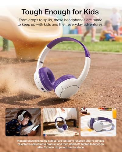 Belkin SoundForm Mini 2 Bluetooth Kids Headphones, On Ear, 55H Battery Life | Toddler headphones, 85dB Volume Limit, Built-in Mic, Wired Connection Option, iPad, Android Tablet, School, Travel - color: Purple
