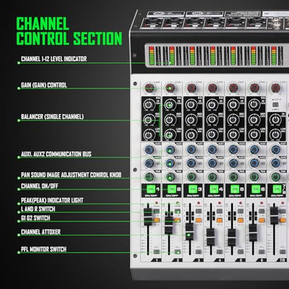 12-Channel Professional Audio Mixer, DK-12 Mixing Console with XLR Inputs, Bluetooth, 99 DSP Effects, MP3, USB Interface for Podcast, Music, Recording, PC 14.76"x1.96“x17.40"inches
