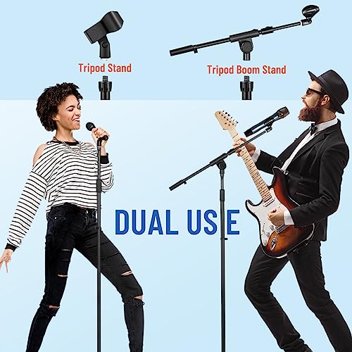CAHAYA Mic Stand Heavy-Duty Super Resistent Tripod Boom Height Adjustable | Universal Microphone Arm Stand with 2 Mic Clips 3/8" to 5/8" Adapter for Most Mics for Singing Wedding Performance Podcast