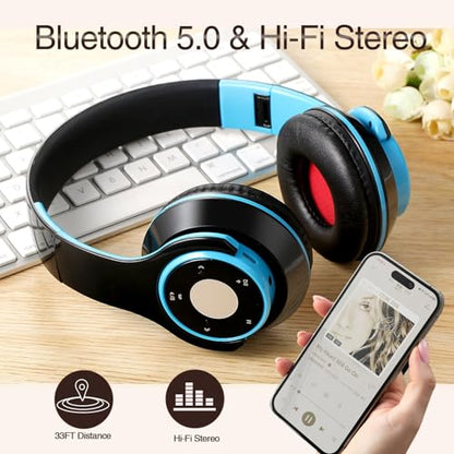 Bluetooth Headphones Over Ear, Wireless Headphones with 5 EQ Modes, 20 Hours Playtime Foldable HiFi Stereo Headset with Microphone, FM/TF for Cellphone/PC/Work/Travel/Kids/Adults/Gift (Blue) - color: Blue