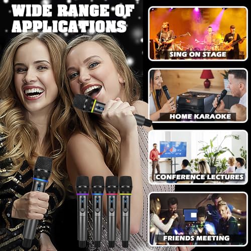 QiCheng&LYS 4 Wireless Microphones with Rechargeable Receiver, 2.4G Cordless Mics with Volume Control, Handheld Dynamic Mic System for Church Singing Karaoke Wedding, 200ft