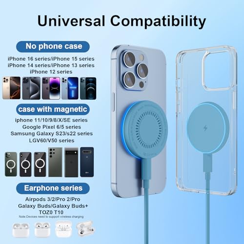 MagSafe Charger 2 Pack 15W Magnetic Wireless Charger Fast Charging Pad Compatible with iPhone 17/16/15/14/13/12 Series & AirPods 3/2/Pro Magnetic MagSafe Charging Pad with Dual Ports-Blue | Two USB-C cables and two USB-A adapters, compatible with iPhone 1