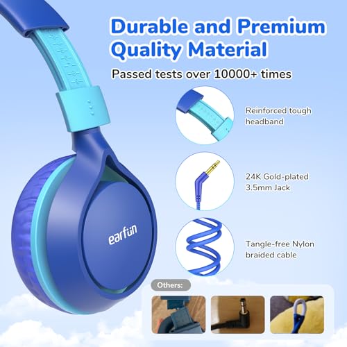 EarFun S1 Kids Headphones, Foldable Wired Headphones for Kids, Lightweight | Stereo Sound, Adjustable Headband, 85dB Volume Limit, Portable On-Ear Headphone for School/Travel/Boys/Girls/PC/Tablet, Blue - color: Blue