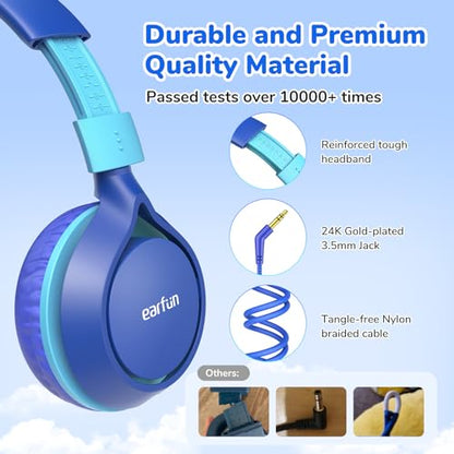 EarFun S1 Kids Headphones, Foldable Wired Headphones for Kids, Lightweight | Stereo Sound, Adjustable Headband, 85dB Volume Limit, Portable On-Ear Headphone for School/Travel/Boys/Girls/PC/Tablet, Blue - color: Blue