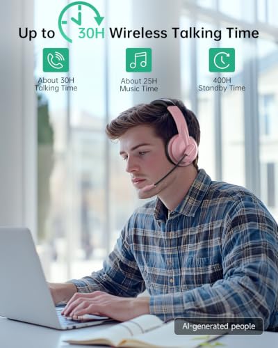 AOC Wireless Headset with Mic for Work, AI Noise Cancelling, Bluetooth | AI Noise Cancelling Mic, Bluetooth 5.3, USB-A/C Dongle Included, Mic Mute, Compatible with PC, Laptop & iPhone - color: Pink Black