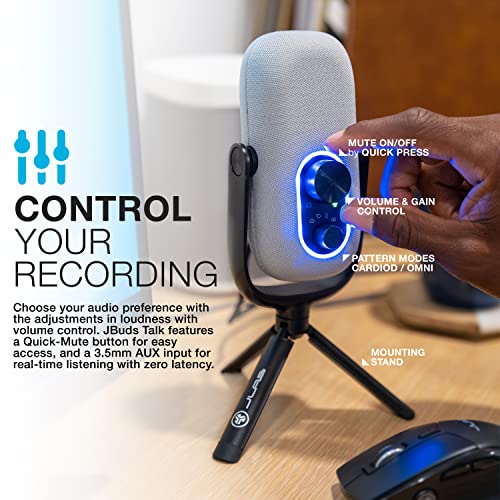 JLab JBuds Talk USB-C Microphone with Cardioid, Omni, Stereo, bi-Directional Modes, gain and Mute Controls, 3.5mm aux, White - color: White