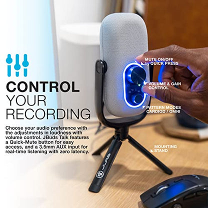 JLab JBuds Talk USB-C Microphone with Cardioid, Omni, Stereo, bi-Directional Modes, gain and Mute Controls, 3.5mm aux, White - color: White