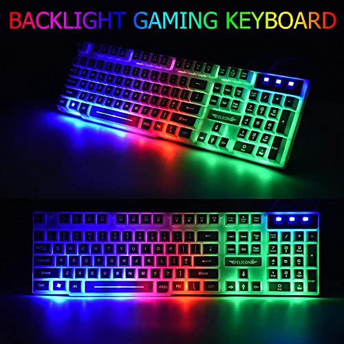 Wired Gaming Keyboard and Mouse Headset Combo,Rainbow LED Backlit Wired Keyboard,Over Ear Headphone with Mic,Rainbow Backlit Gaming Mice,Mouse Pad,for PC,Laptop,Mac,PS4,Xbox(White) - color: White