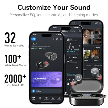 TOZO T10 Wireless Earbuds Powerful Bass Stereo Wireless Charging, APP, IPX8 | Waterproof, 55H Playtime, Ergonomic Design In Ear buds, App Customize EQ, Bluetooth 5.3 Headphones for Work, Travel, Black - color: Black