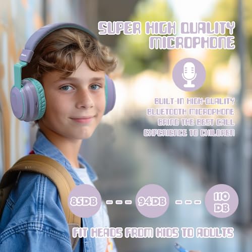 Mokata Kids Headphones Bluetooth 5.3 Wireless Lightweight Fast Charging 68 Hours Play Time Volume Limited 85/94dB Over Ear Foldable with Built-in Mic for Toddler Tablet Pad Light Purple - color: Light Purple