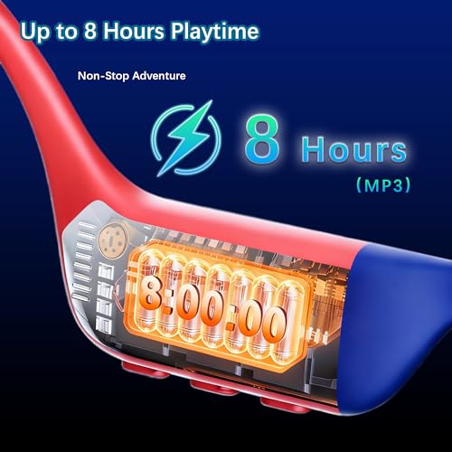 Bone Conduction Headphones IP68 Waterproof Swimming Headphones with Mic Bluetooth Open Ear Earbuds with MP3 Mode 32GB Memory Deep Bass Secure Fit Hearing, Blue - color: Blue&Red