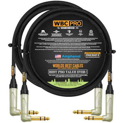 2 Units - 3 Foot - WBC-PRO-Quad Ultra-Silent Ultra-Flexible Balanced Star-Quad Cable with Amphenol QS3R-AU ¼ Inch (6.35mm) Gold Right-Angled TRS Stereo Phone Plugs & Black Tweed Jacket - size: 3 FT, style: 2 Cables