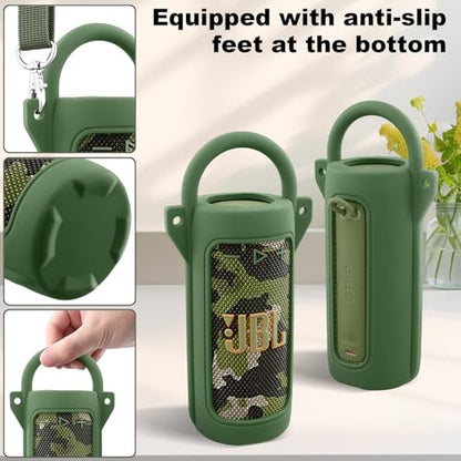 for JBL Grip Portable Waterproof Speaker Silicone Case, Army Green | Portable Travel Soft Cover with Adjustable Shoulder Strap and Carabiner, Protective Skin Case, Anti-Slip Feet - color: Army Green Case