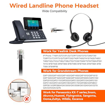 Lightweight Wired RJ9 Telephone Headphone Call Center Headset, Corded Deskphone Headset Compatible with Grandstream Sangoma Snom Yealink T26 T31 T33 T42 T46 T48 T53 T54 etc IP Phones