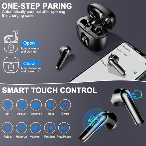 Wireless Earbuds, Bluetooth Headphones, Stereo Bass Ear Buds with ENC Noise Cancelling Mics, Bluetooth Earbuds with LED Display Charging Case, IP7 Waterproof Earphones for Android iOS/Glossy black - color: Glossy black