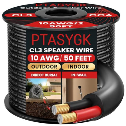 10 Gauge Outdoor Speaker Wire 50ft CL3 Direct Burial CCA Cable | CL2 Rated, 2 Conductor Stranded Core, UV and Weather Resistant, No Conduit Needed Underground, Garden Patio Pool Audio - size: 50FT, style: 10GAUGE