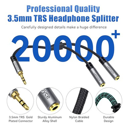 Headphone Splitter, 1/8 inch 3.5mm TRS Male to Dual 3.5mm TRS Female Stereo Audio Y Splitter Cable (1Feet/12Inch), Nylon-Braided, Hi-Fi Sound for Sharing Music, Movies, Gaming on Phones,Tablets,Laptop - color: 3.5mm TRS 1 Male to 2 Female Splitter, size: