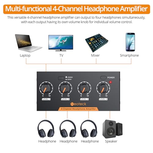 Neoteck 4 Channel Stereo Headphone Amplifier Audio Mono/Stereo Amplifier | with Volume Control 4 Channel in Metal with 3.5mm Audio Cable Suitable for Recordings/Mixing/Musical Practices