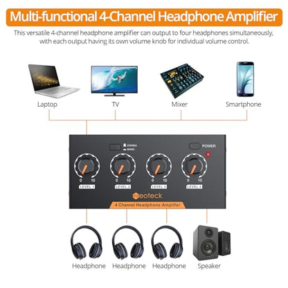 Neoteck 4 Channel Stereo Headphone Amplifier Audio Mono/Stereo Amplifier | with Volume Control 4 Channel in Metal with 3.5mm Audio Cable Suitable for Recordings/Mixing/Musical Practices