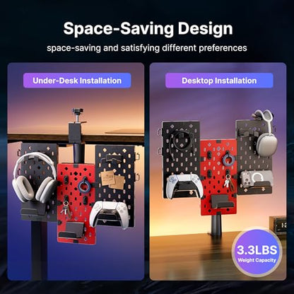 PEGZONE Modular Headphone and Controller Holder for Game, Clamp-on Pegboard, Rotatable Controller Stand with Cable Hooks, Gaming Accessory for Xbox PS5 PS4 Nintendo Switch, 3Pcs Pegboard, Red | Modular Desk Controller Stand with Cable Hooks - color: Red,