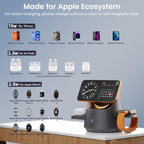 3 in 1 Wireless Charging Station for Apple Devices, PDMAX Qi Mag-Safe Charger Stand & RGB Light, Fast Charging Station for iPhone 17 PRO MAX,16,15 Series&iWatch&Air Pods, Grey(33W Charger Included) - color: Grey