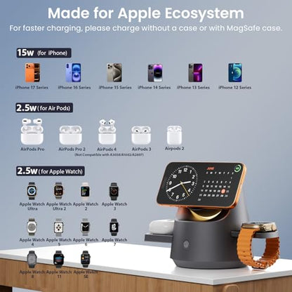 3 in 1 Wireless Charging Station for Apple Devices, PDMAX Qi Mag-Safe Charger Stand & RGB Light, Fast Charging Station for iPhone 17 PRO MAX,16,15 Series&iWatch&Air Pods, Grey(33W Charger Included) - color: Grey