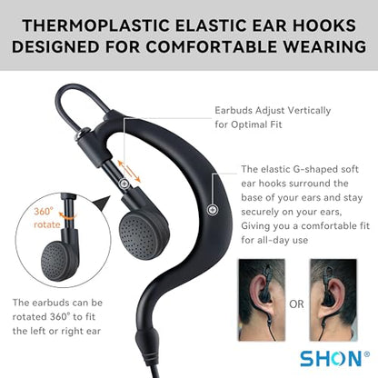 SHON Walkie Talkie Headset with Mic, Compatible Kenwood Baofeng and Retevis Radios 2 Pin G-Shaped Ear Hook for Police Law Enforcement (6 Set/Black) - size: M/6 Set
