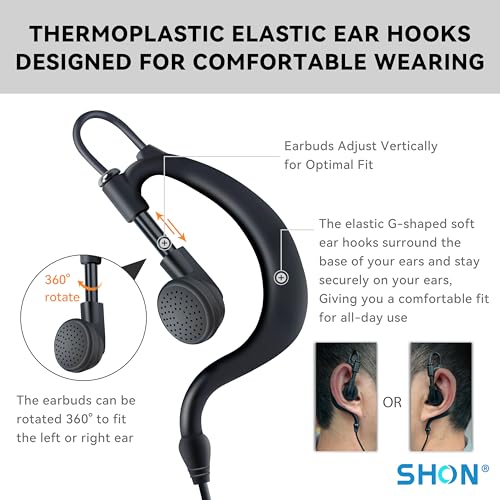SHON Walkie Talkie Headset with Mic, Compatible Kenwood Baofeng and Retevis Two Way Radio,2 Pin G-Shaped Ear Hook for Police Law Enforcement (10set/Black) - size: L/10 set