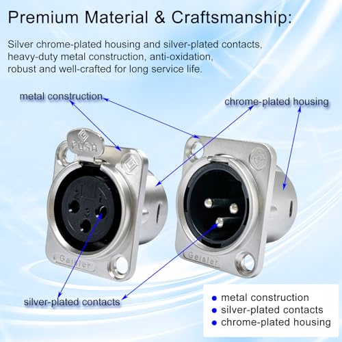 RIVIERA XLR Panel Mount Chassis 3pin Male & Female Nickel Plated Metal Housing and Silver Chrome-Plated Contacts (5 Male + 5 Female Silver) - color: Silver, size: Male+Female