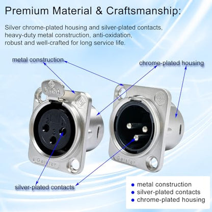 RIVIERA XLR Panel Mount Chassis 3pin Male & Female Nickel Plated Metal Housing and Silver Chrome-Plated Contacts (5 Male + 5 Female Silver) - color: Silver, size: Male+Female