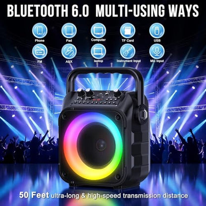 Karaoke Machine, Portable Bluetooth Speaker with 2 Wireless Mics for Adults & Kids with LED Lights, Bass/Treble Adjustment, PA System Supports USB/TF/FM/AUX/TWS for Party Home System Packages