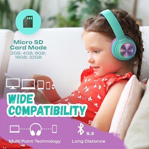 PowerLocus PLED Kids Bluetooth Headphones, Kids Wireless Headphones with LED Lights, 74/85/94dB Safe Volume, Micro SD, AUX Cable, Hi-Fi Stereo, Built-in Mic Over Ear Kid Headphone for Travel/Tablet/PC - color: Teal/Purple